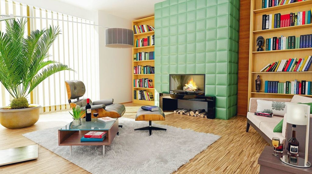 appartement meublé de bibliothèques avec des accents de couleurs vertes
