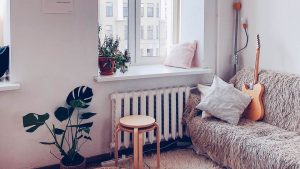 Woonkamer van een gedeelde flat met sofa, planten en kussens