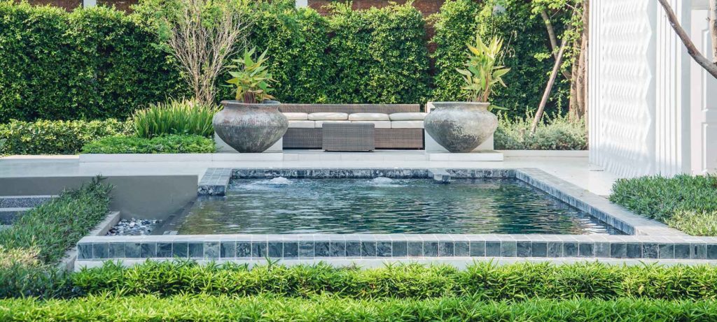 piscine naturelle dans un jardin luxuriant