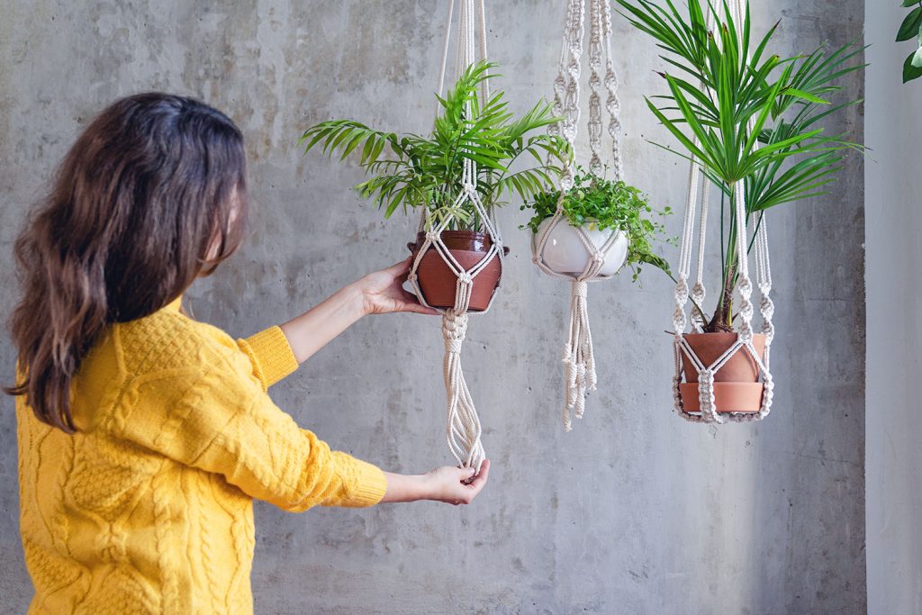 vrouw hangt plantenpotten op in macramé plantenhangers