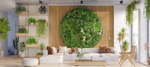 mur végétal circulaire dans un intérieur moderne