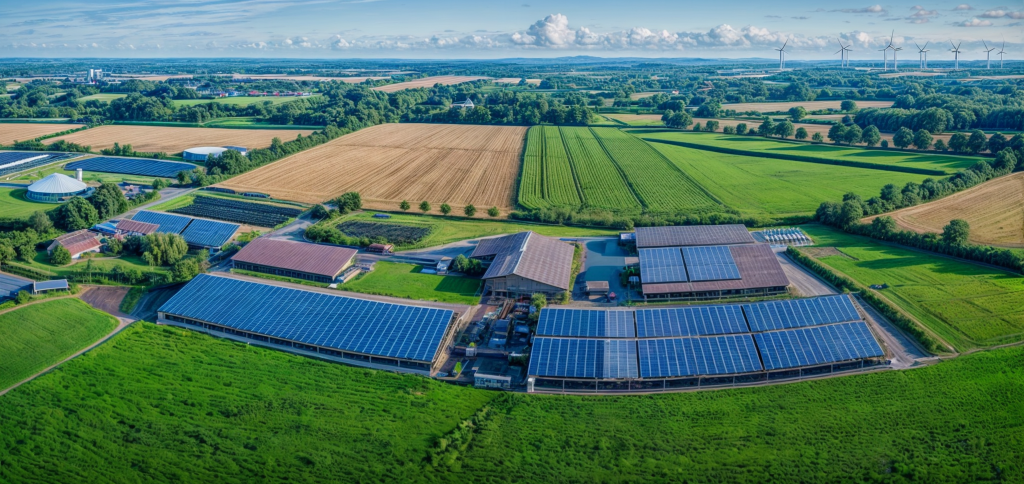 Grote hoeve met zonnepanelen tussen de velden