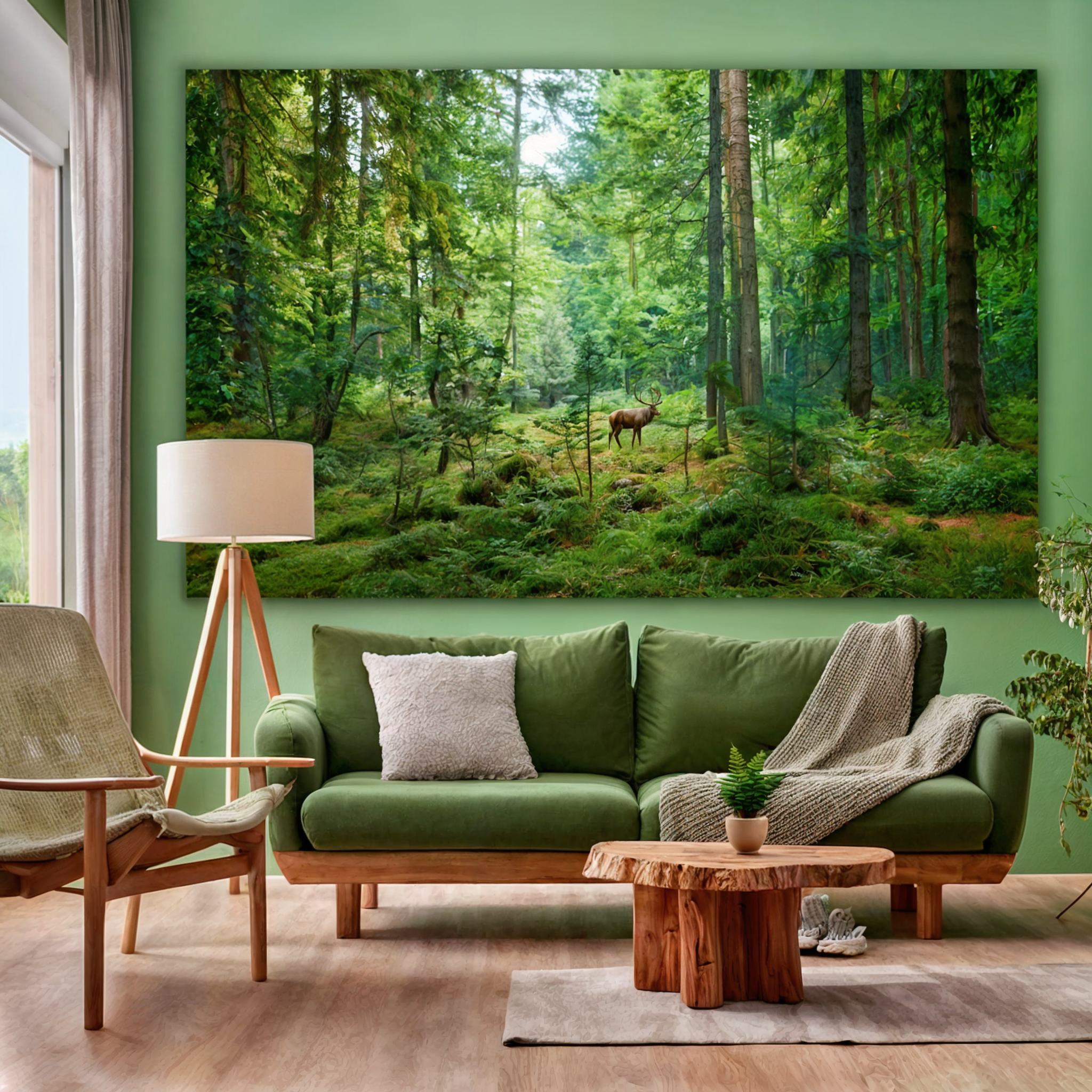 grand cadre mural naturel dans un salon vert