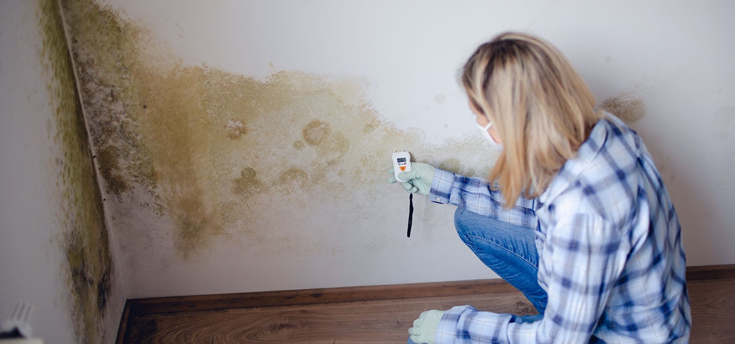 Vrouw inspecteert vochtproblemen in muur